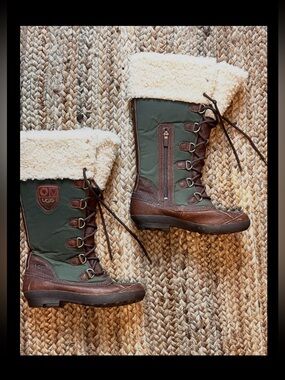 UGG Green and Brown Sherpa-Lined Lace-Up Winter Boots